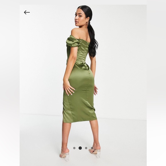 First Distraction the label Tall satin midi dress with split in olive. Size UK 8 - Picture 2 of 3